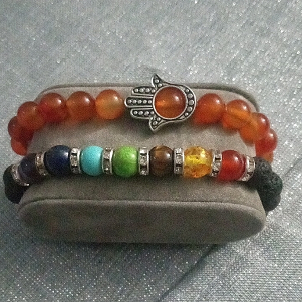 7 Chakra Lava & Carnelian Evil Eye Hand Of Fatima Bracelets